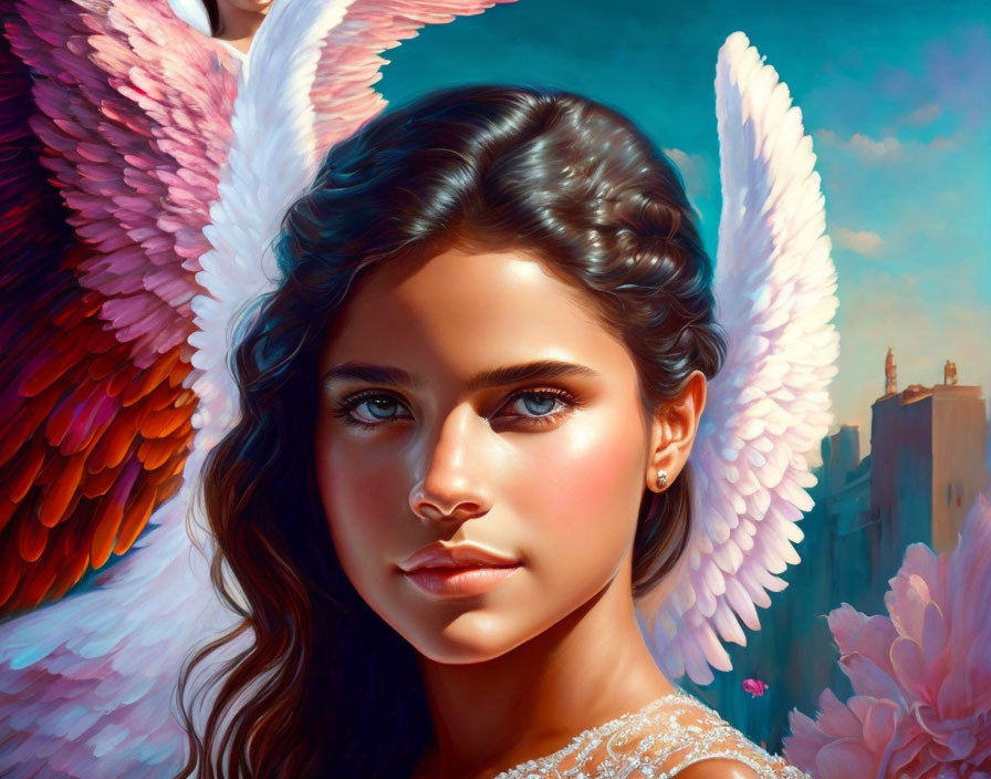 Digital artwork: Young woman with angel wings and intense eyes in cityscape and floral background