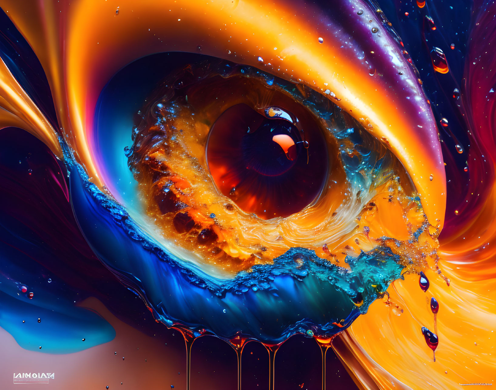 Colorful liquid swirl macro image with dynamic orange, blue, and brown hues.