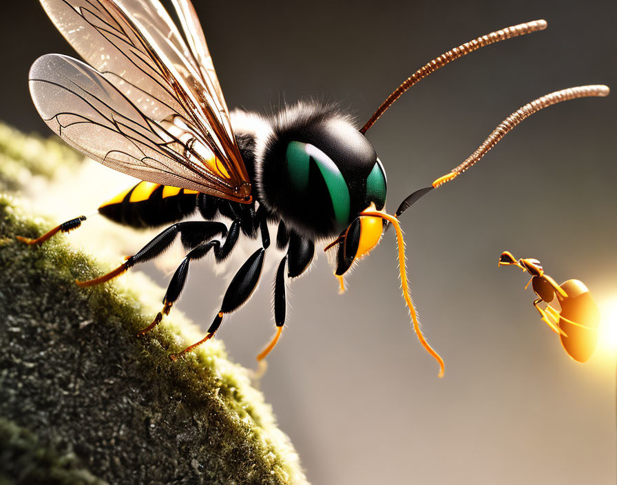 Realistic bee model approaching ant on green surface with intricate details.