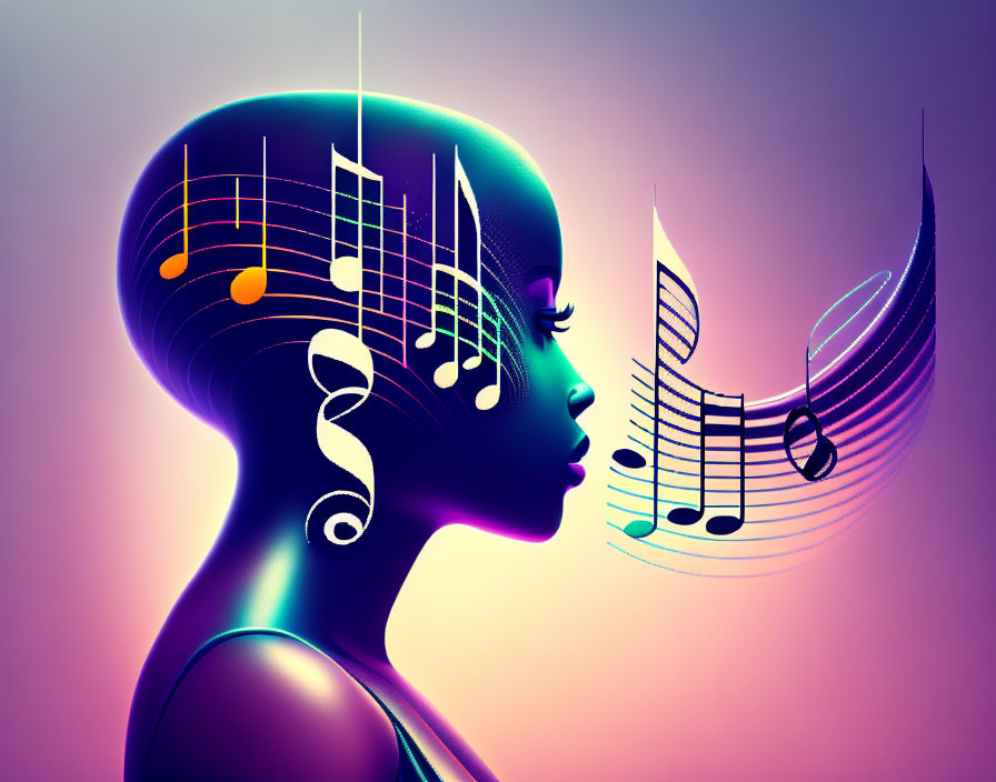 Silhouette of Woman with Musical Notes on Gradient Background