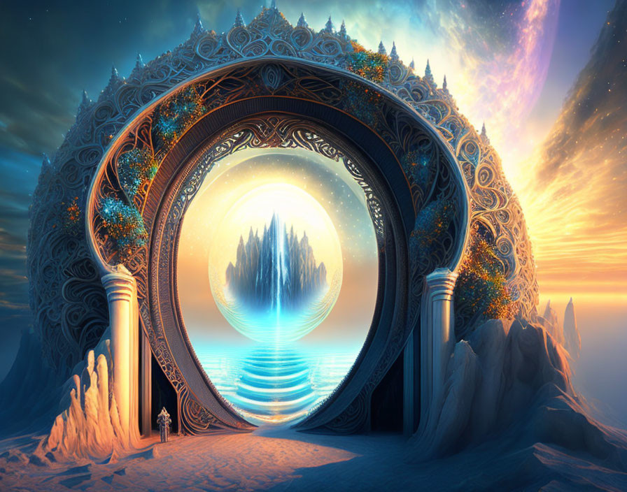 Circular gate revealing mystical floating island landscape