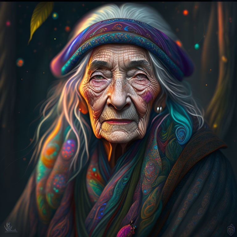 Vibrant elderly woman portrait with colorful headscarf and patterned clothes