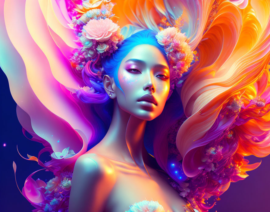 Colorful digital art: Woman with blue skin, floral swirls, butterfly