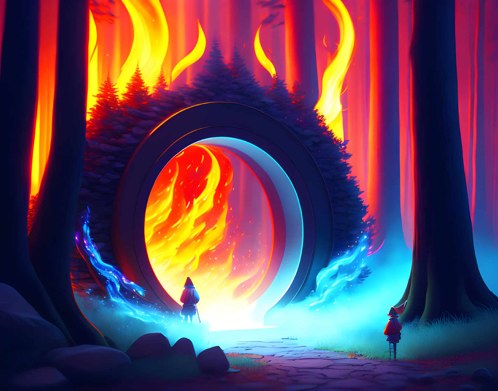 Fantastical forest scene with figures approaching fiery portal