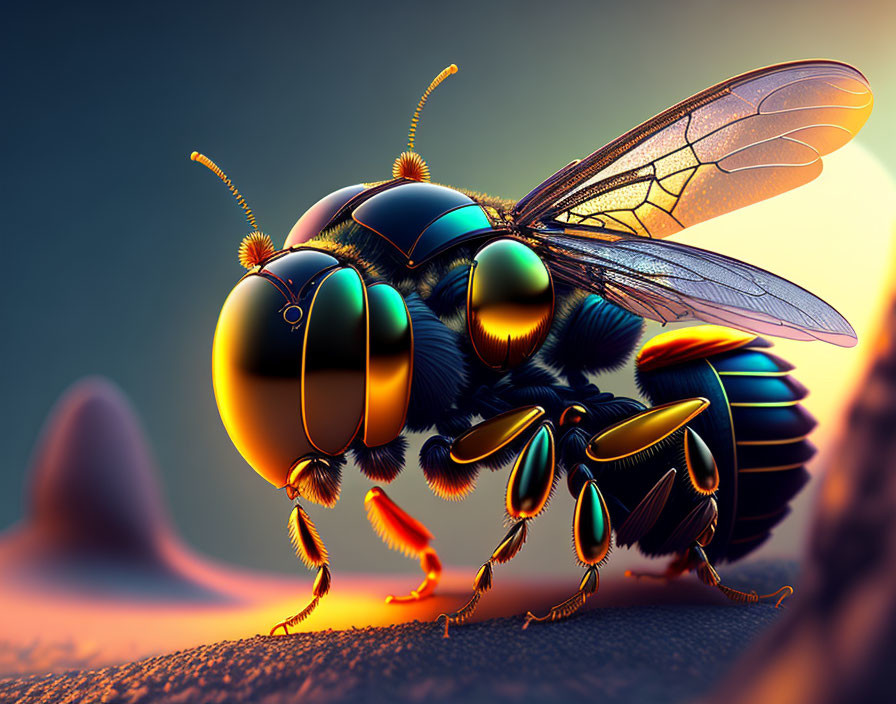 Stylized digital artwork: Exaggerated bee against glossy orange backdrop