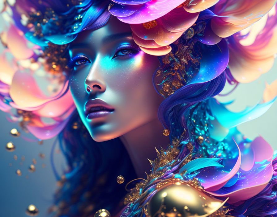 Colorful Fantasy Portrait of Woman with Flowing Hair and Floral Adornments