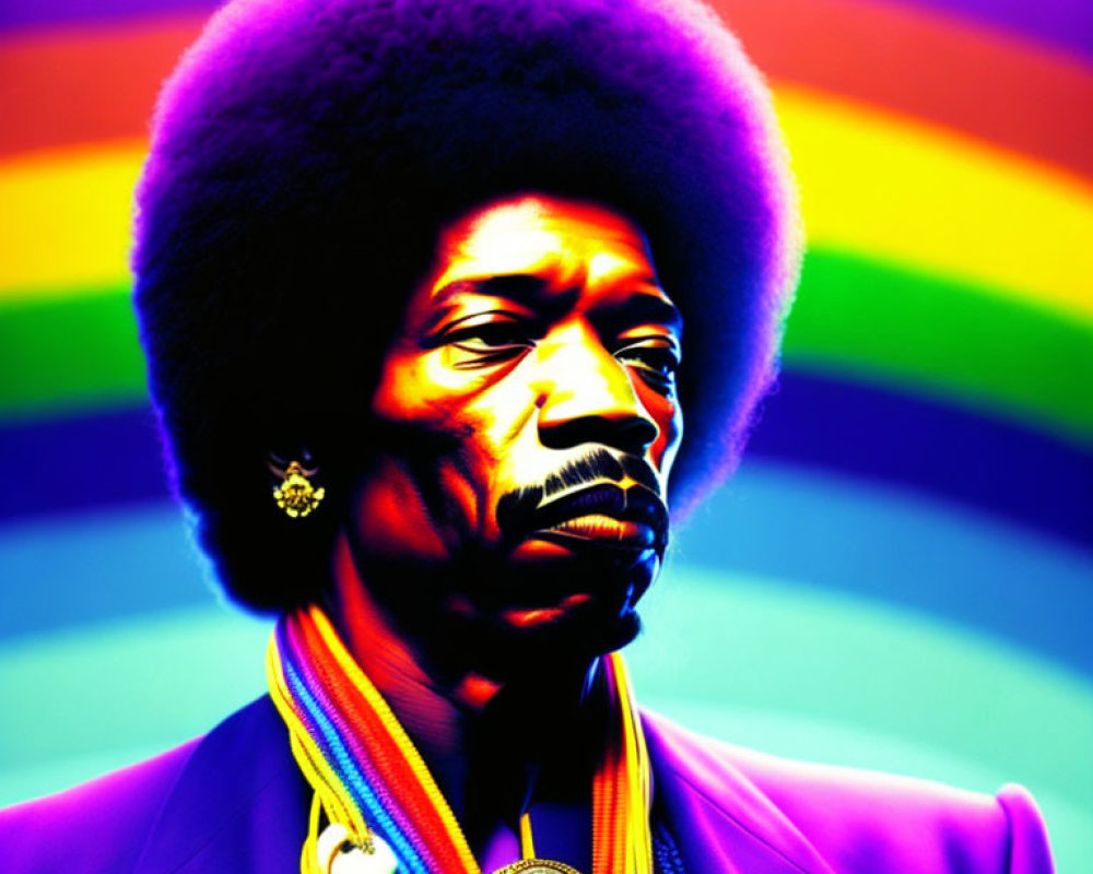 Colorful portrait of man with afro against psychedelic rainbow backdrop