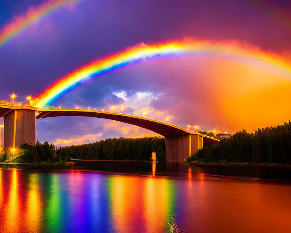 Double rainbow over illuminated bridge at twilight