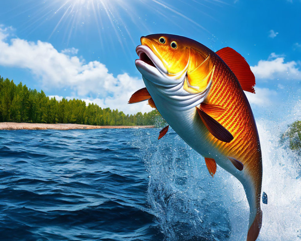 Colorful fish jumping under sunny sky with forest backdrop