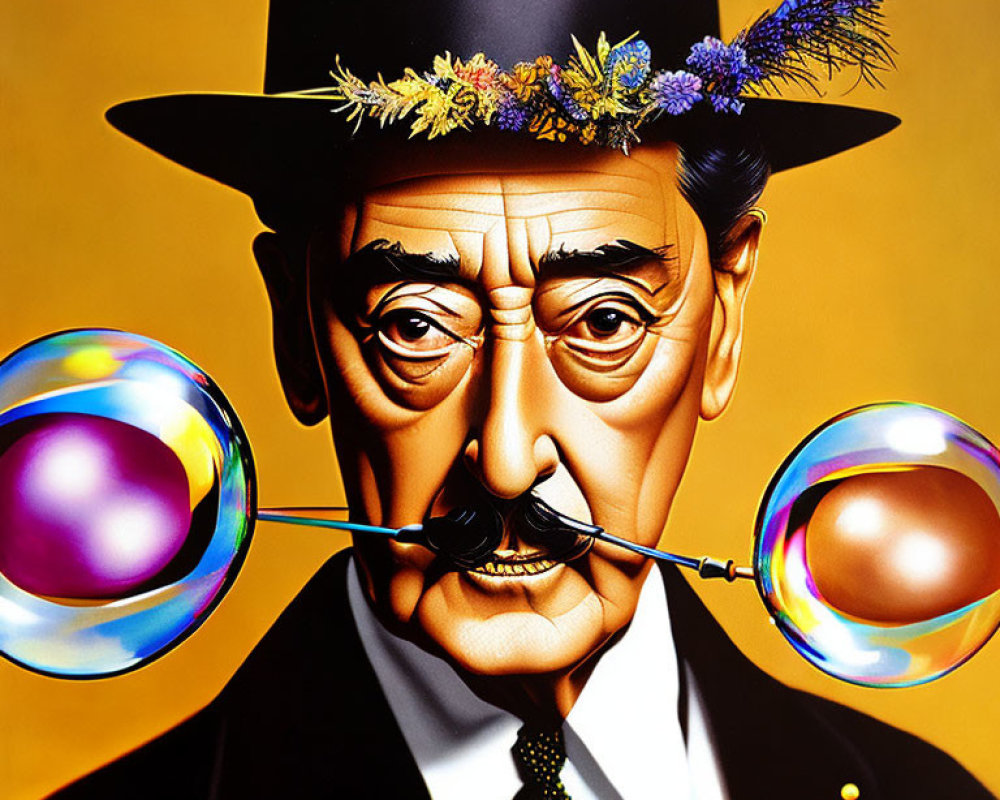 Stylized portrait of man with flowered bowler hat blowing colorful bubbles