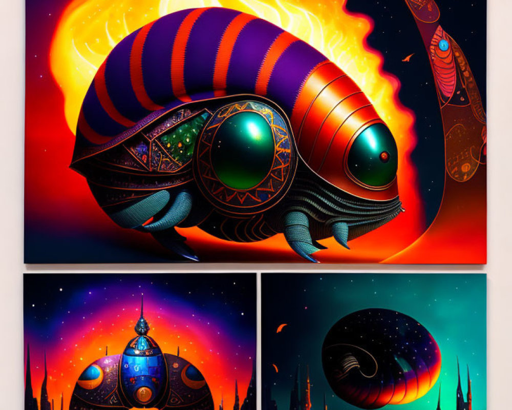 Fantastical cosmic triptych: beetle, cityscape, ringed planet