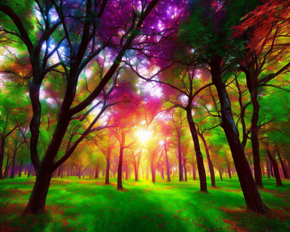 Colorful forest scene with sunlight and shadows on green grass