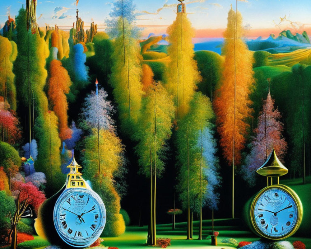 Colorful Trees and Melting Clocks in Surreal Landscape with Vibrant Sky