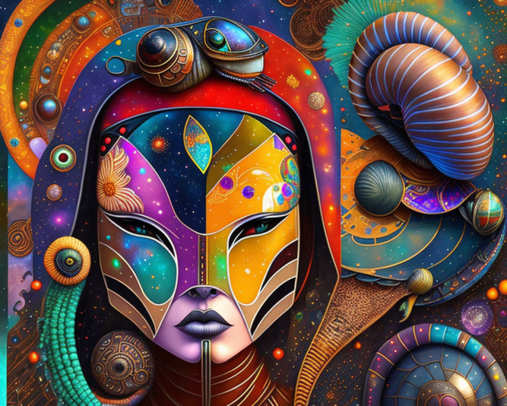 Abstract digital artwork: Vibrant female face with cosmic and mechanical motifs