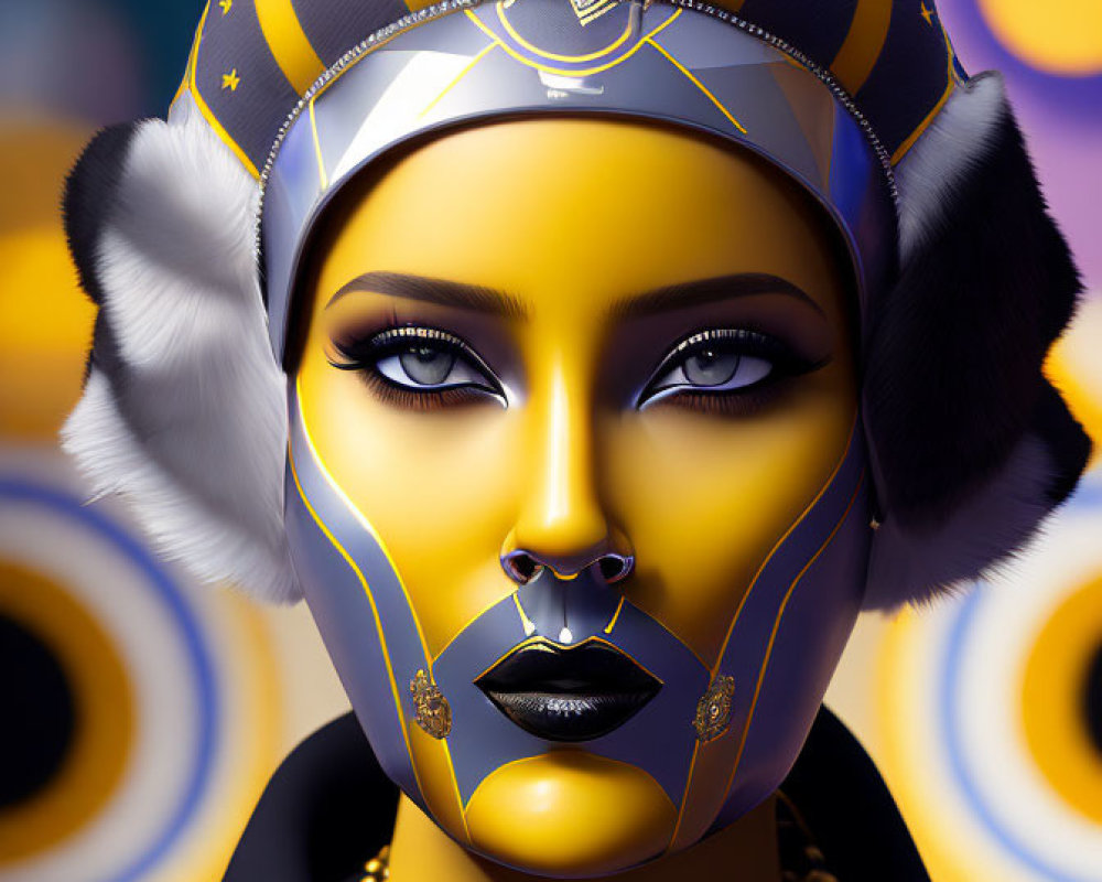 Colorful portrait of stylized female figure with gold and black headgear and geometric backdrop