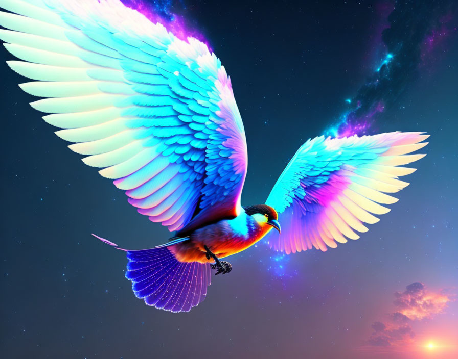 Colorful bird with large wings in twilight sky artwork