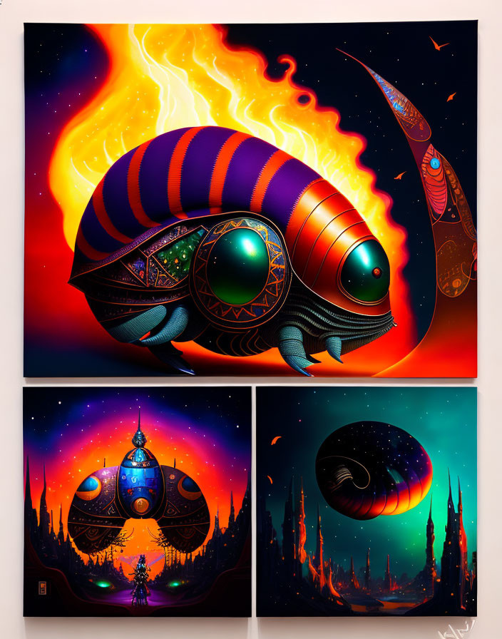 Fantastical cosmic triptych: beetle, cityscape, ringed planet