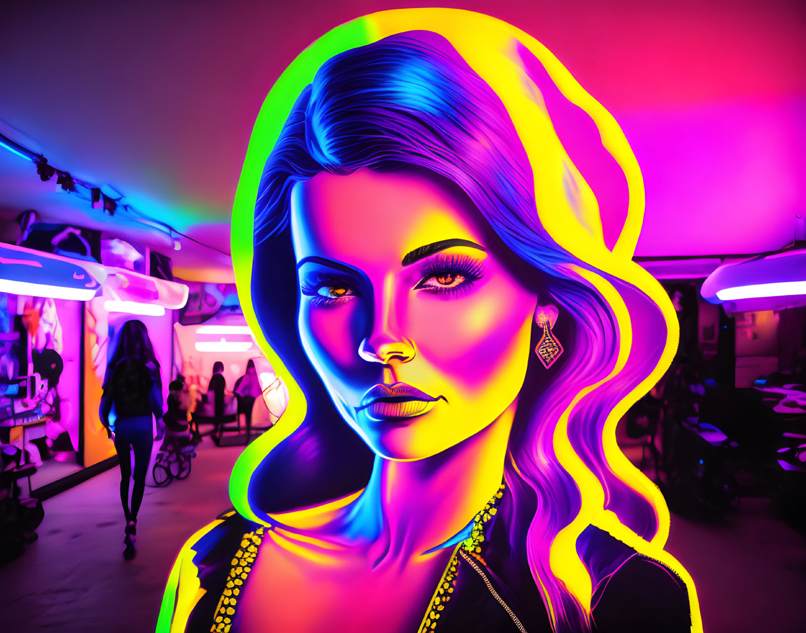 Colorful digital art portrait with neon contouring lines in purple and pink setting.