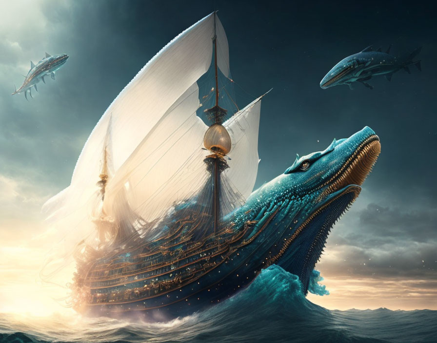 Fantastical scene: ship on giant sea creature with flying sharks in dramatic sky