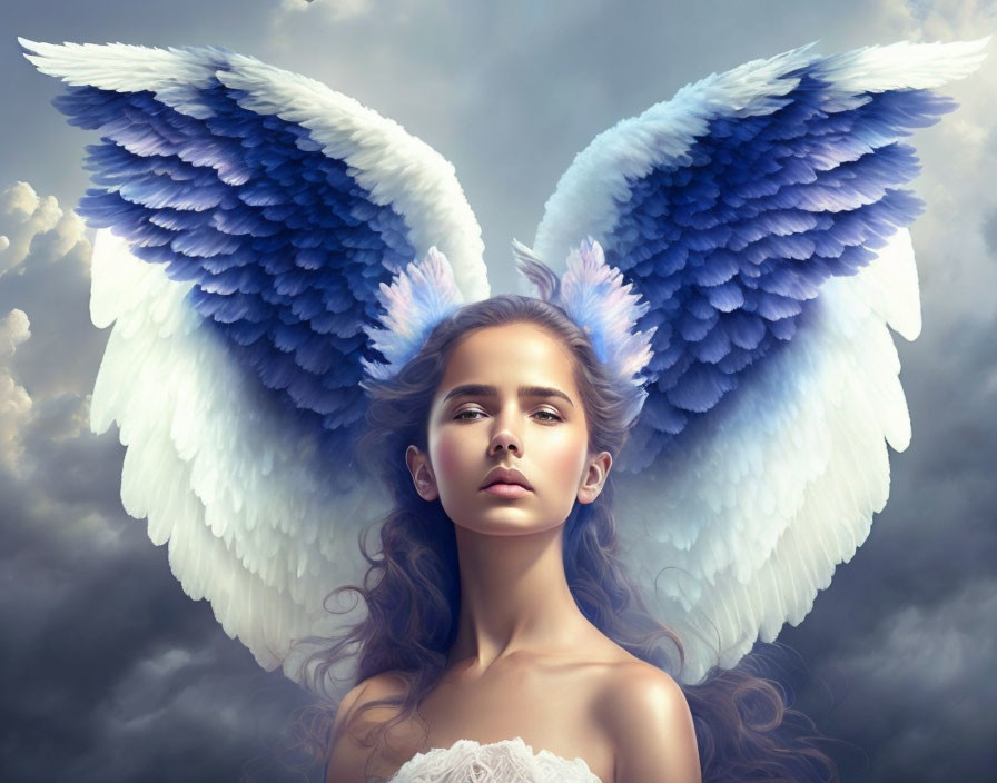 Majestic woman with white and blue angelic wings in serene gaze