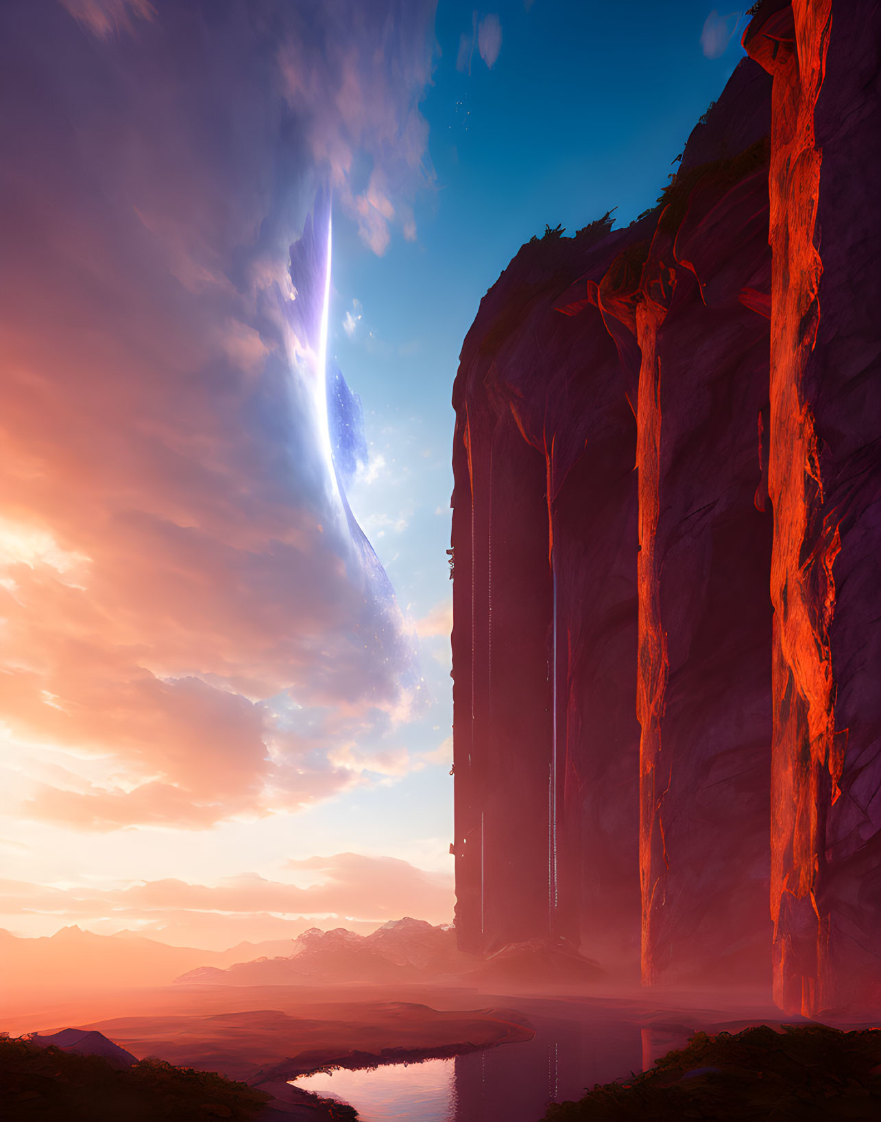 Vibrant digital landscape of majestic cliff under purple and orange sky