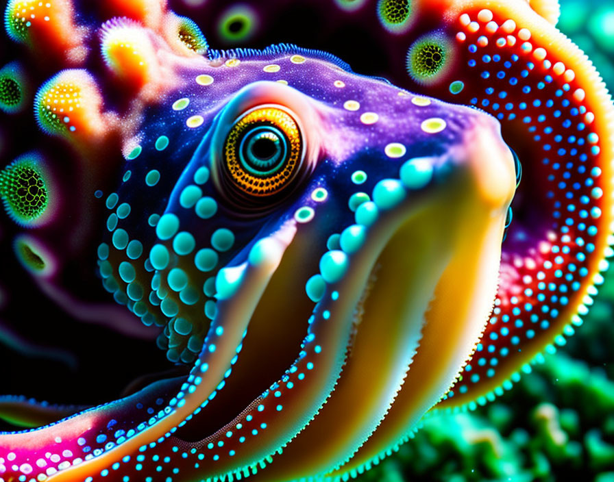 Colorful Psychedelic Fish Close-Up Against Coral Background