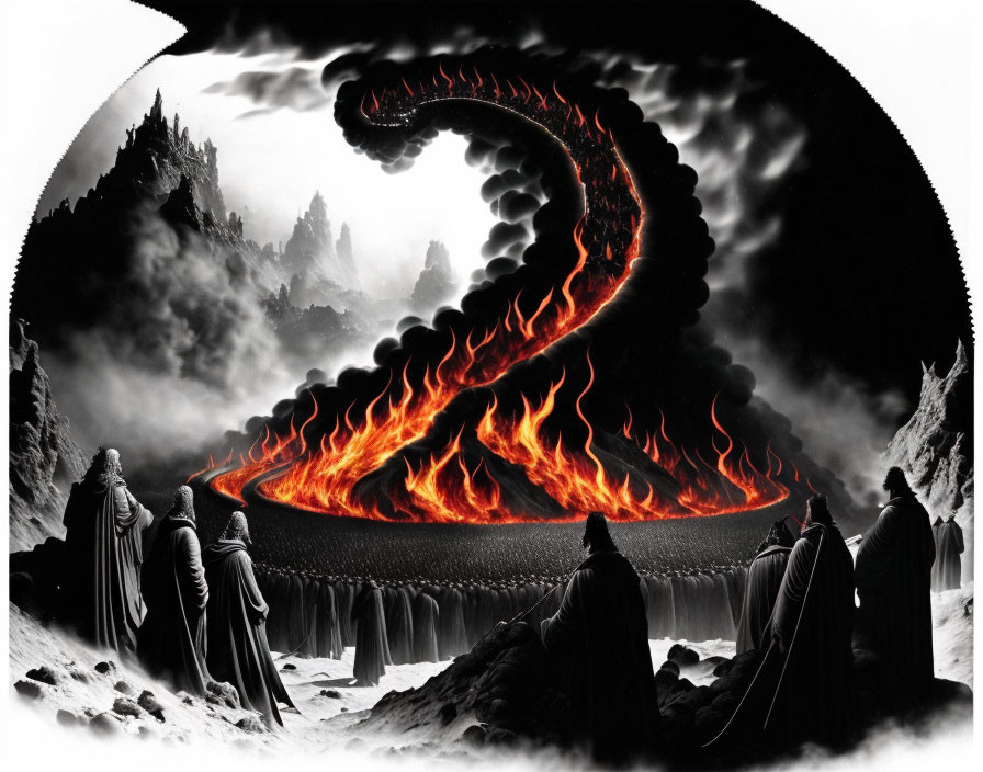 Hooded Figures Witness Fiery Snake in Dark Fantasy Setting