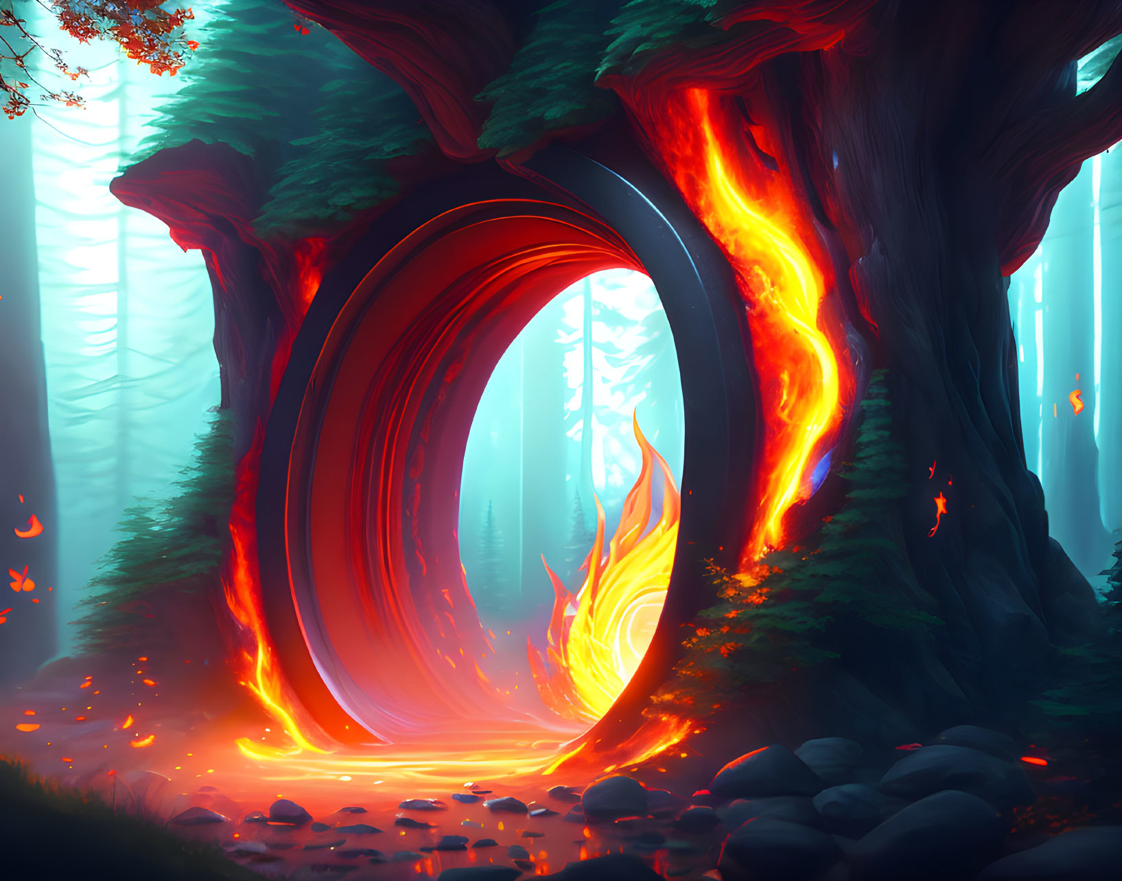 Mystical forest scene with giant fiery tree and ethereal mist