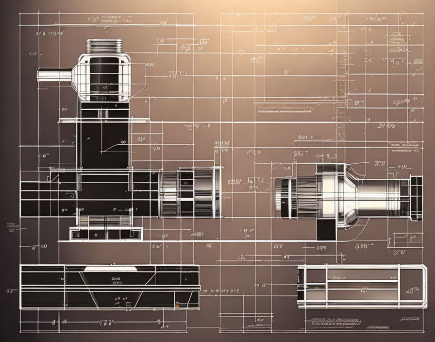 Detailed technical drawing of mechanical component with multiple views and dimensional annotations on brown background