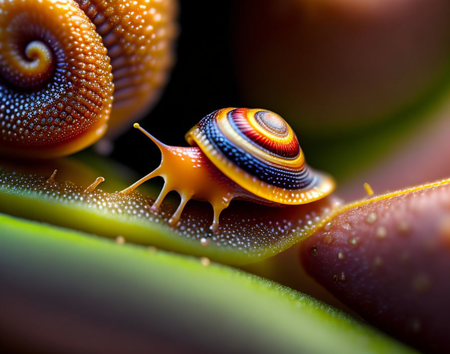 Colorful Snail Crawling on Dewy Green Leaf