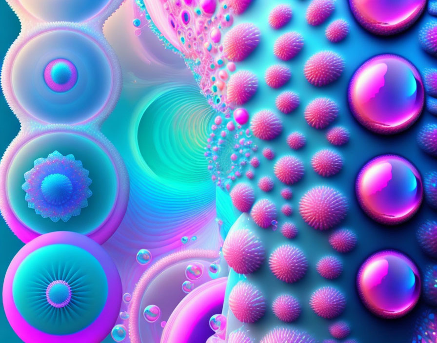 Abstract digital artwork: Vibrant cellular patterns in blue, pink, and purple.