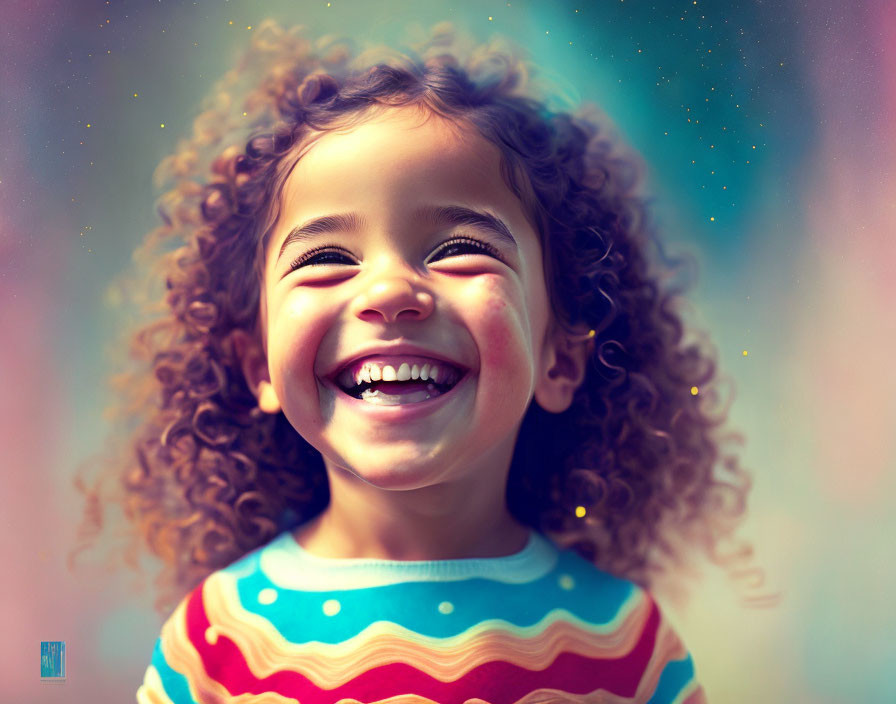 Cheerful young girl with curly hair laughing in colorful top.