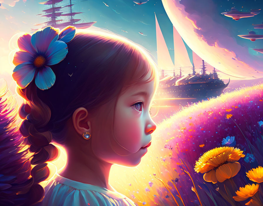 Young girl with braid admires glowing sky, floating ships, and vibrant field.