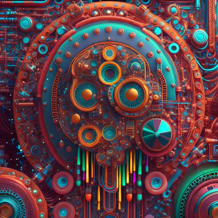 Colorful Abstract Mechanical Face with Circular Elements and Pipes