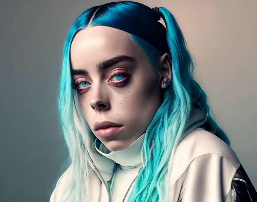 Striking Blue Hair and Pink Makeup on Person in White Turtleneck