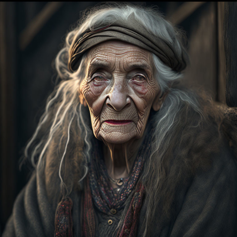 Elderly woman with deep wrinkles and headscarf in traditional attire