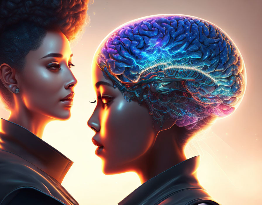 Digital Artwork: Realistic and Transparent Female Figures Displaying Brain