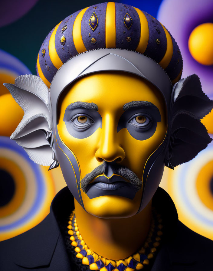 Golden-skinned person in stylized crown and ornate attire against colorful sphere backdrop