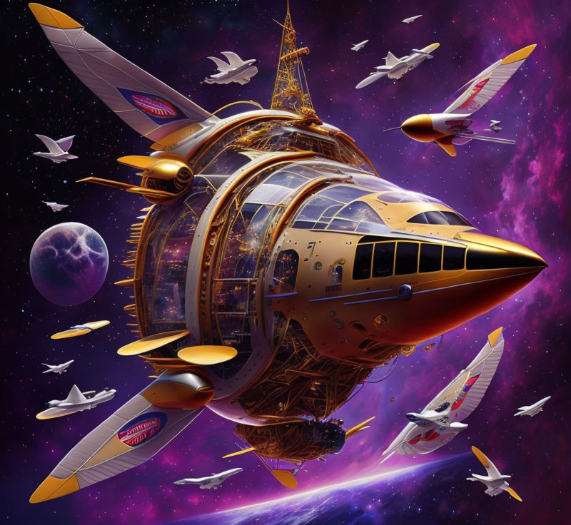 Fantastical blimp-like spaceship with architectural features in cosmic scene.