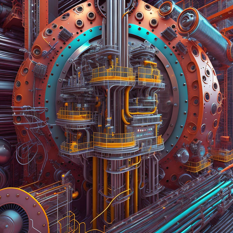 Detailed Industrial Sci-Fi Scene with Orange and Blue Hues