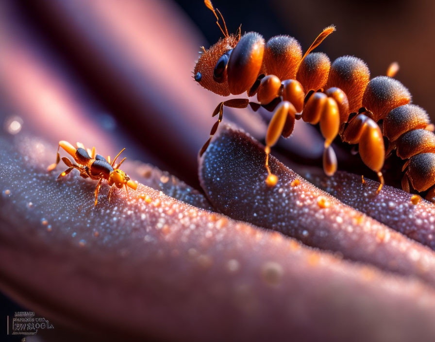 Detailed close-up of ants on textured surface, showcasing exoskeletons and teamwork.