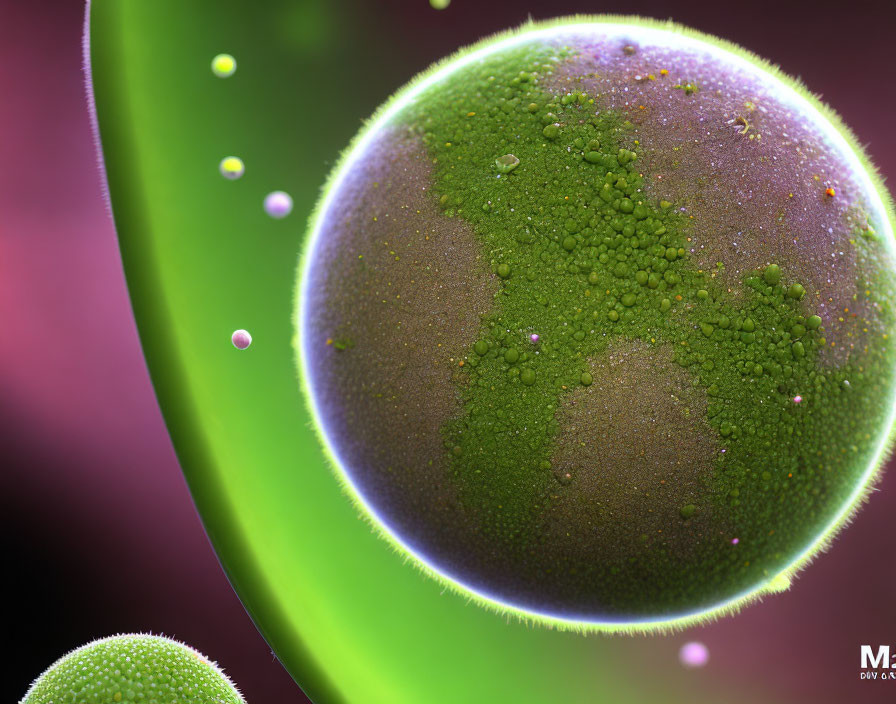 Spherical green cells with rough surface on pink background