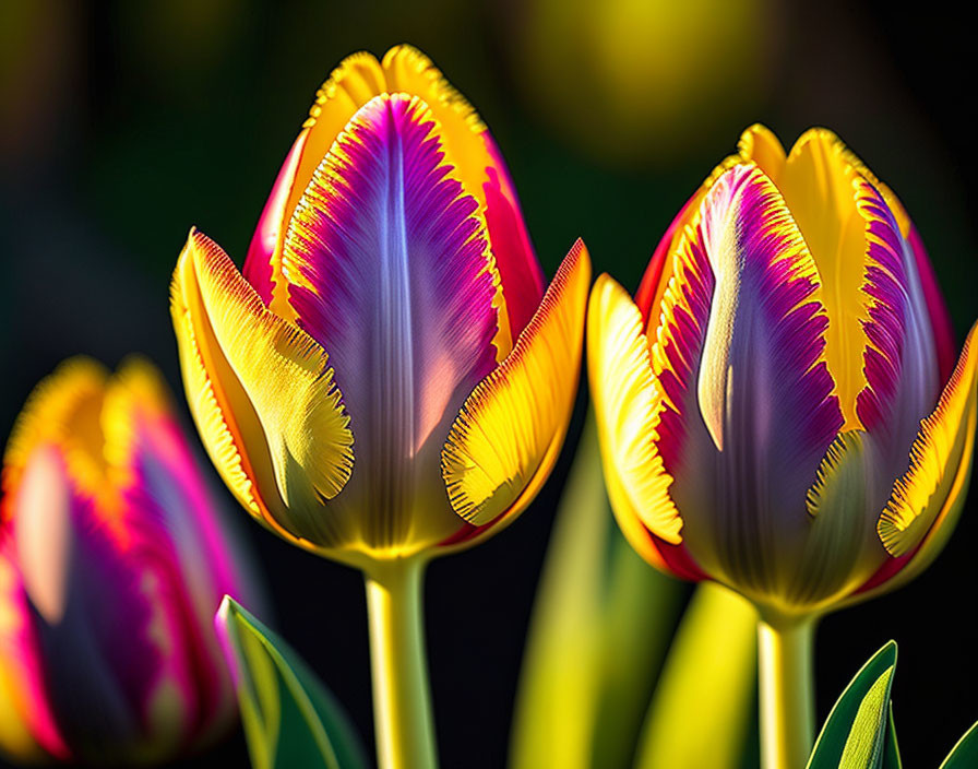 Colorful Fringed Tulips in Yellow and Magenta on Dark Background