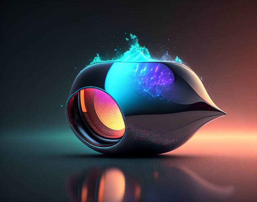 Futuristic abstract object with teal, purple core, metallic shell, and orange lens on dark background