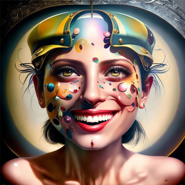 Colorful Digital Painting: Smiling Woman with Paint-Like Spots & Golden Headband