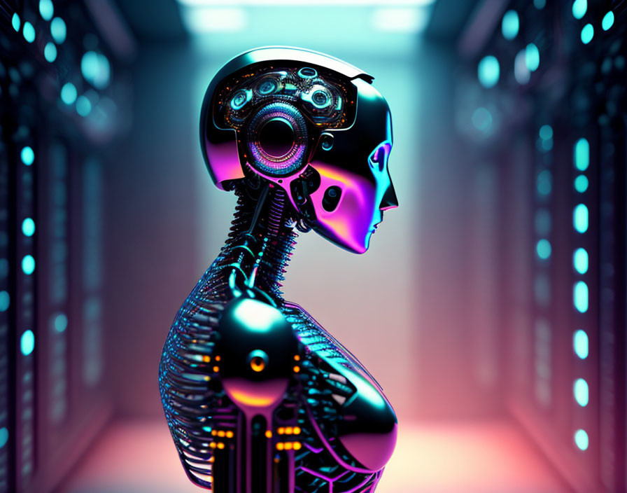 Detailed futuristic robotic head in neon-lit server room