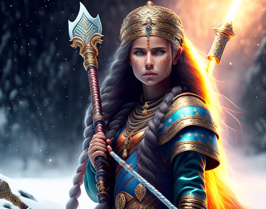 Female warrior in blue and gold armor with glowing axe in snow landscape