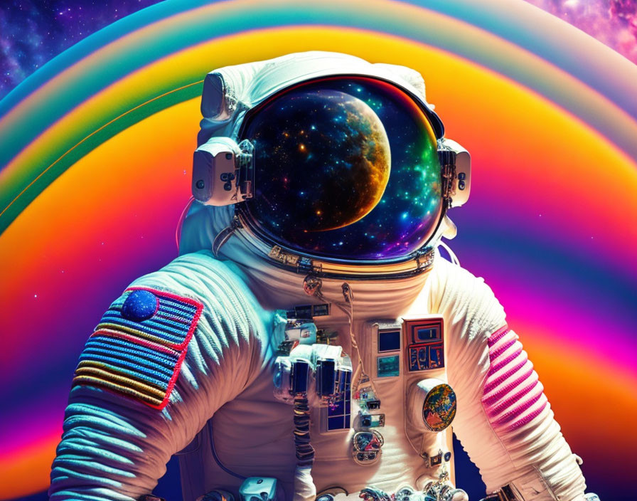 Detailed astronaut in colorful space suit against swirling rainbow backdrop.