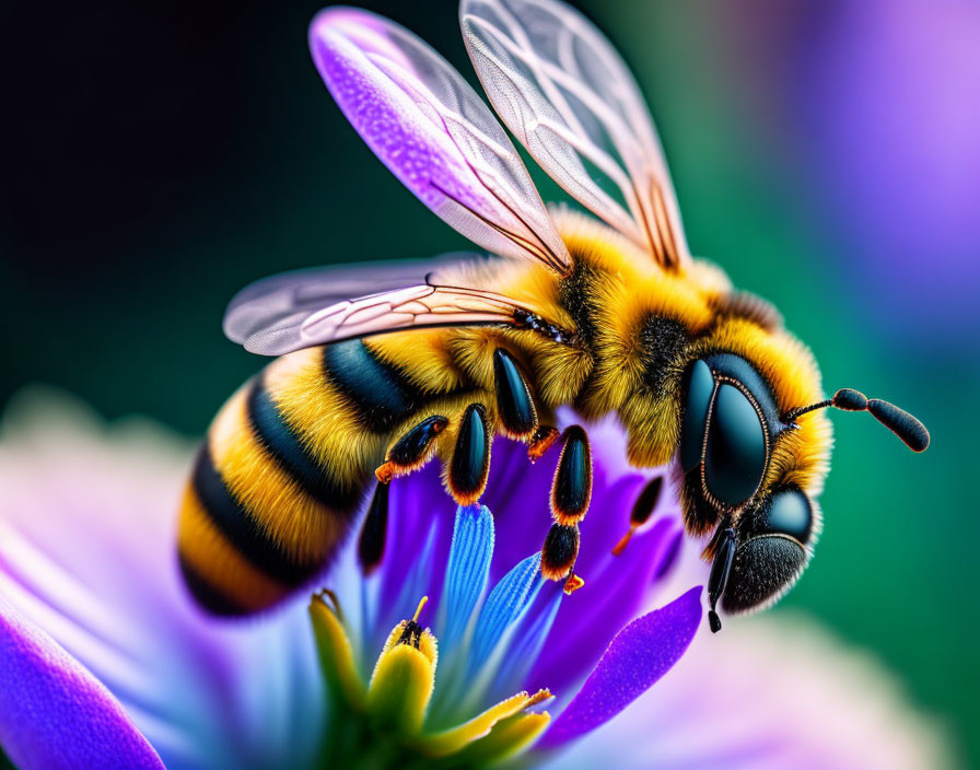 Striped Bee Collecting Nectar from Purple Flower