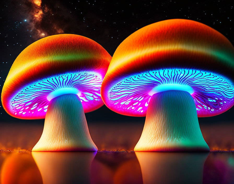 Bioluminescent mushrooms glowing in neon colors on glossy surface